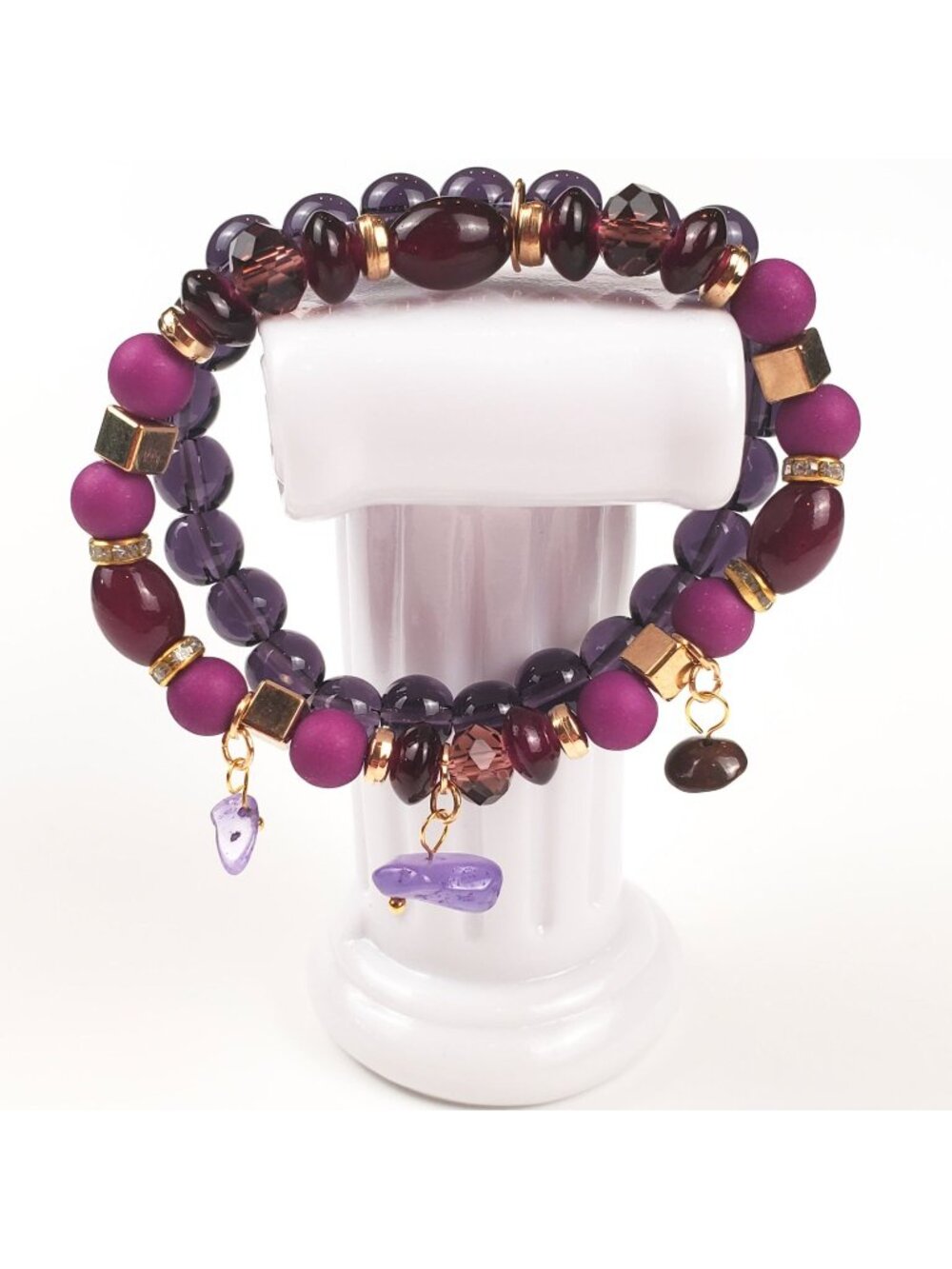 Beaded Bracelet Set In Purple And Gold With Amethyst Accents Stretch Design
